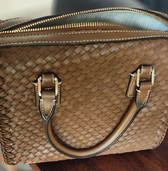 Tory Burch Brown and Gold Satchel with Woven Design - Picture 2 of 6